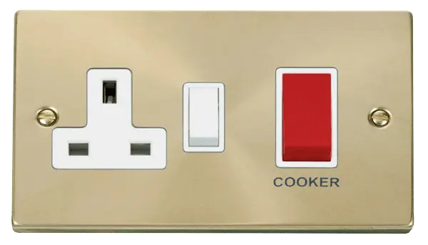 Click Scolmore Click Deco Satin Brass 45A Double Pole Switch with 13A Switched Socket with White Insert - VPSB204WH