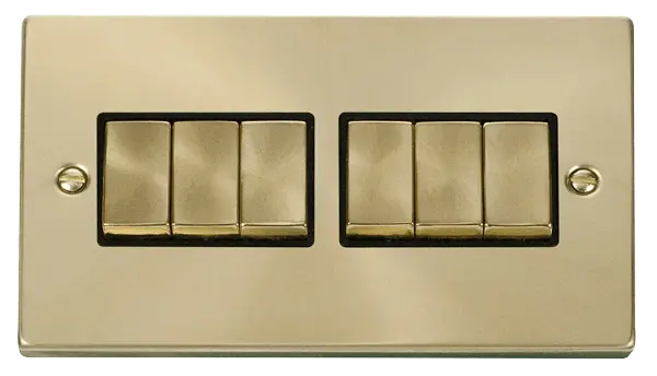 Click Scolmore Click Deco Satin Brass 6 Gang 2 Way Switch with Black Insert - VPSB416BK