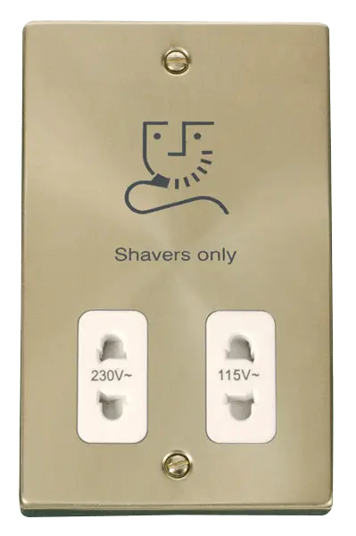 Click Scolmore Click Deco Satin Brass Dual Voltage Shaver Socket with White Insert - VPSB100WH