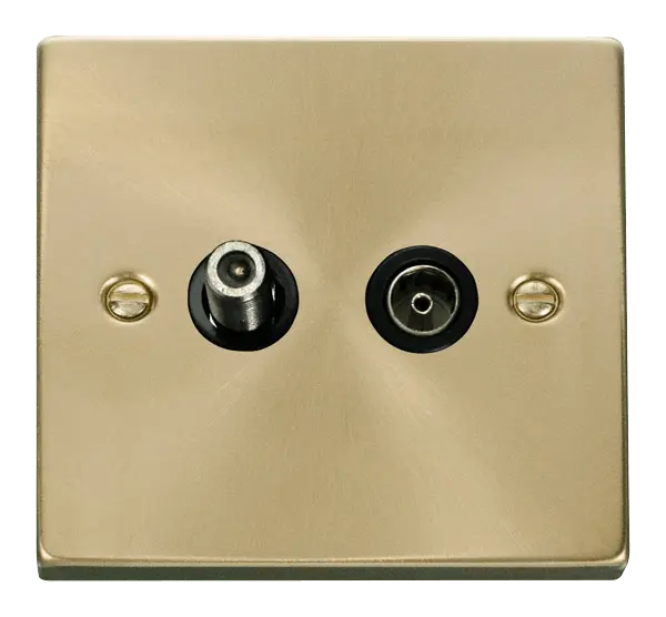 Click Scolmore Click Deco Satin Brass Non-Isolated Sat & Coax Socket with Black Insert - VPSB170BK