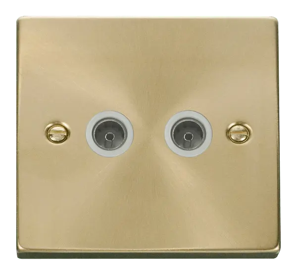 Click Scolmore Click Deco Satin Brass Twin Non-Isolated Coaxial Socket with White Insert - VPSB066WH