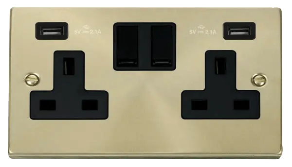 Click Scolmore Click Deco Satin Brass Twin USB Double Socket with Black Insert - VPSB780BK