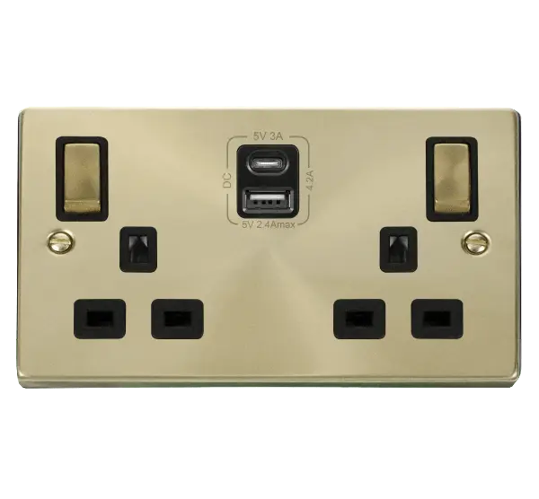 Click Scolmore Click Deco Satin Brass Type A & C USB Double Socket with Black Insert - VPSB586BK