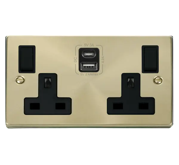 Click Scolmore Click Deco Satin Brass Type A & C USB Double Socket with Black Insert - VPSB786BK