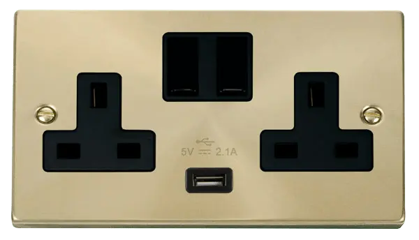 Click Scolmore Click Deco Satin Brass USB Double Switched Socket with Black Insert - VPSB770BK
