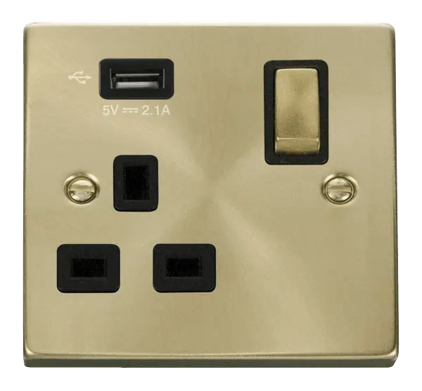 Click Scolmore Click Deco Satin Brass USB Single Switched Socket with Black Insert - VPSB571UBK