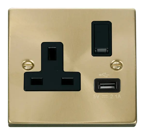 Click Scolmore Click Deco Satin Brass USB Single Switched Socket with Black Insert - VPSB771BK