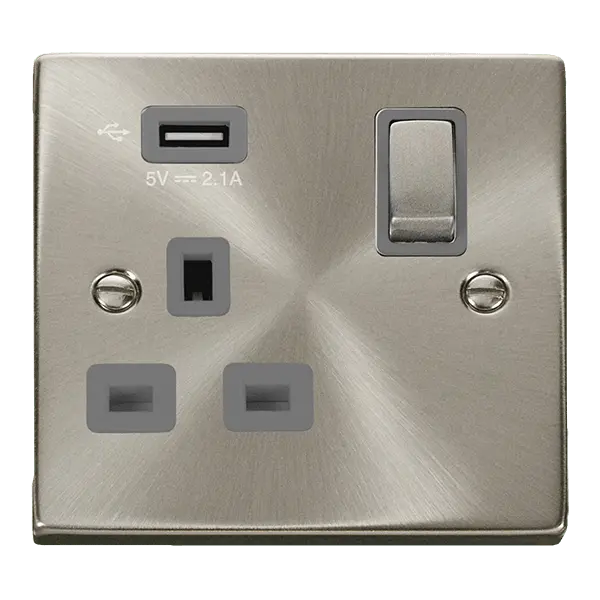 Click Scolmore Click Deco Satin Chrome 13A 1G Switched Socket + USB A 2.1A Grey Insert VPSC571UGY