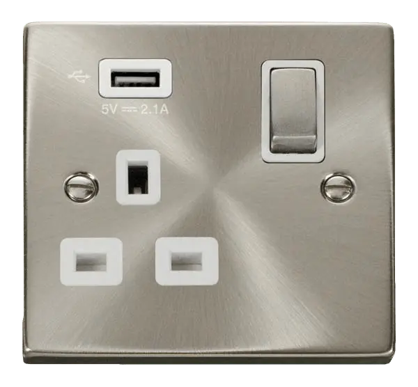 Click Scolmore Click Deco Satin Chrome 13A 1G Switched Socket + USB A 2.1A White Insert VPSC571UWH