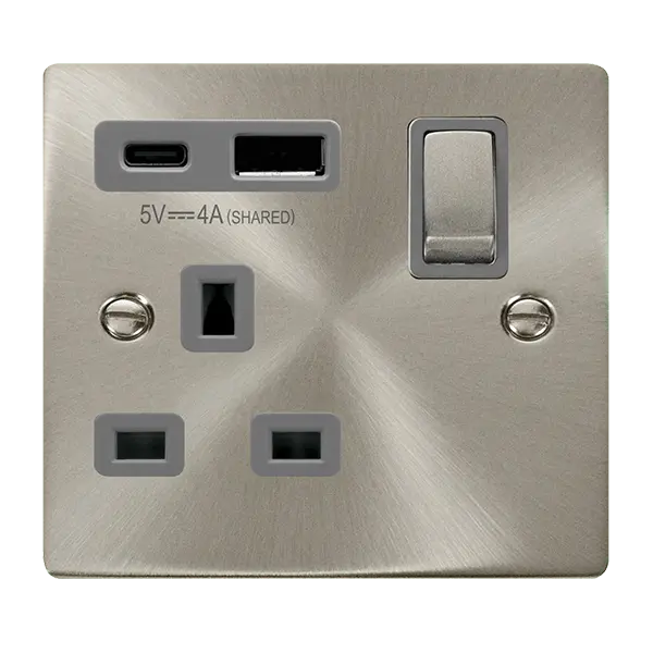 Click Scolmore Click Deco Satin Chrome 13A 1G Switched Socket + USB A & C 4A Grey Insert VPSC585GY
