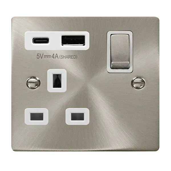 Click Scolmore Click Deco Satin Chrome 13A 1G Switched Socket + USB A & C 4A White Insert VPSC585WH