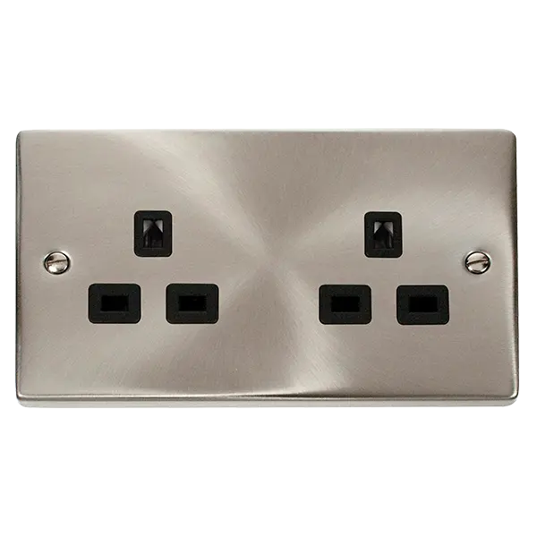Click Deco Satin Chrome 13A 2 GANG 3 PIN SAFETY SHUTTER UNSWITCHED SOCKET OUTLET - SATIN CHROME - BLACK INSERT with Black Insert – VPSC532BK