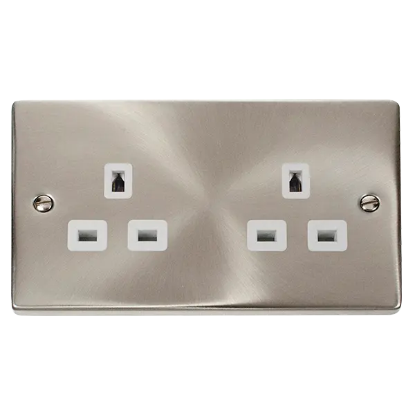Click Deco Satin Chrome 13A 2 GANG 3 PIN SAFETY SHUTTER UNSWITCHED SOCKET OUTLET - SATIN CHROME - WHITE INSERT with White Insert – VPSC532WH