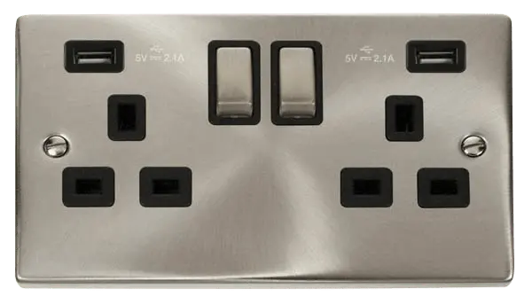 Click Scolmore Click Deco Satin Chrome 13A 2G Switched Socket + Twin USB 4.2A Black Insert VPSC580BK