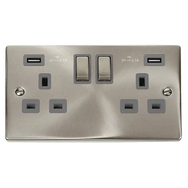 Click Scolmore Click Deco Satin Chrome 13A 2G Switched Socket + Twin USB 4.2A Grey Insert VPSC580GY