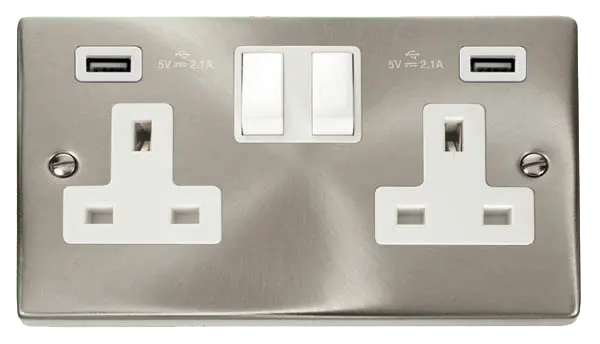 Click Scolmore Click Deco Satin Chrome 13A 2G Switched Socket + Twin USB 4.2A White Insert VPSC780WH
