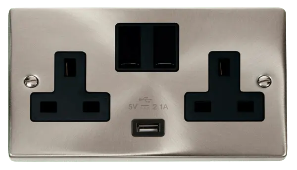Click Scolmore Click Deco Satin Chrome 13A 2G Switched Socket + USB A 2.1A Black Insert VPSC770BK