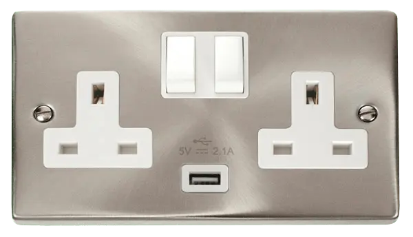Click Scolmore Click Deco Satin Chrome 13A 2G Switched Socket + USB A 2.1A White Insert VPSC770WH