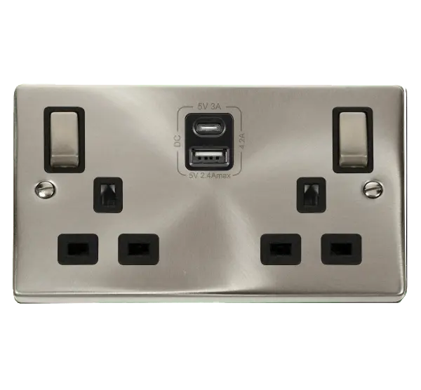 Click Scolmore Click Deco Satin Chrome 13A 2G Switched Socket + USB A & C 4.2A Black Insert VPSC586BK