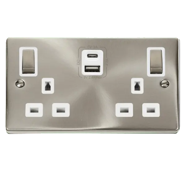 Click Scolmore Click Deco Satin Chrome 13A 2G Switched Socket + USB A & C 4.2A White Insert VPSC586WH