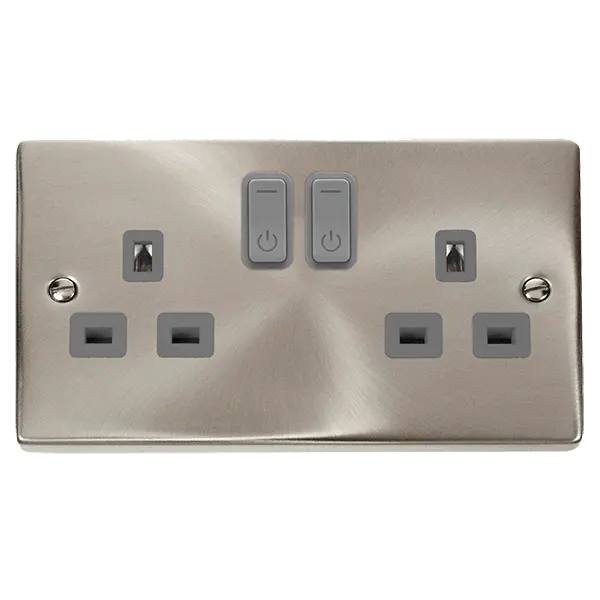 Click Scolmore Click Deco Satin Chrome 13A Single Switched Socket with Grey Insert – VPSC30536GY