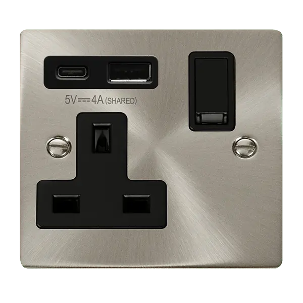 Click Scolmore Click Deco Satin Chrome 13A Single Switched Socket with Type A & C USB with Black Insert – VPSC785BK