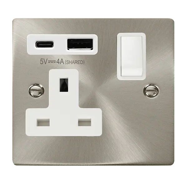 Click Scolmore Click Deco Satin Chrome 13A Single Switched Socket with Type A & C USB with White Insert – VPSC785WH