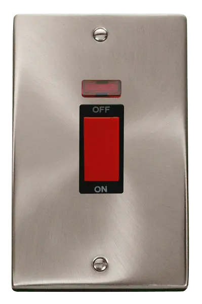 Click Scolmore Click Deco Satin Chrome 2 Gang 45A Vertical DP Switch with Neon with Black insert - VPSC203BK