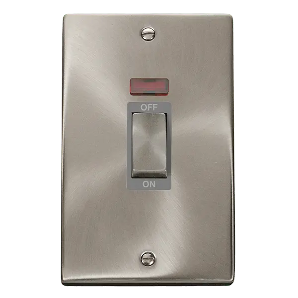 Click Scolmore Click Deco Satin Chrome 2 Gang 45A Vertical Double Pole Switch with Neon with Grey insert - VPSC503GY