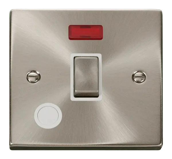 Click Scolmore Click Deco Satin Chrome 20A Double Pole Switch with Neon and Flex Outlet with White insert - VPSC523WH
