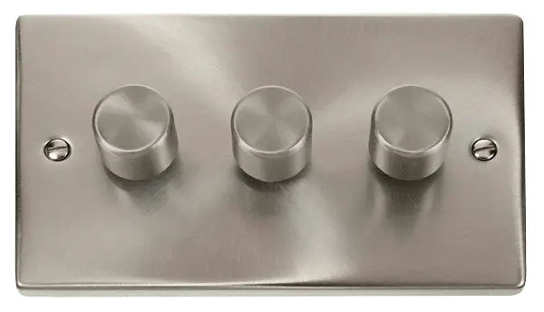 Click Scolmore Click Deco Satin Chrome 3 Gang 2 Way 100W LED Dimmer Switch with Satin Chrome Insert – VPSC163