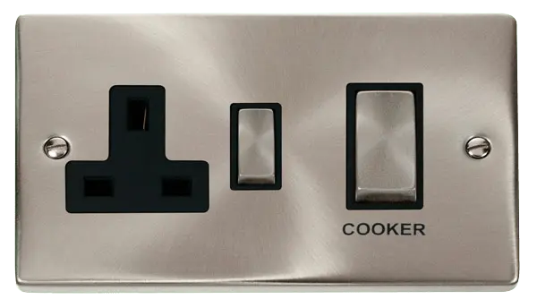Click Scolmore Click Deco Satin Chrome 45A Double Pole Switch with 13A Double Pole Switched Socket Outlet with Black insert - VPSC504BK