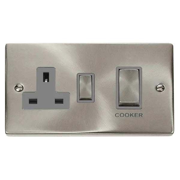 Click Scolmore Click Deco Satin Chrome 45A Double Pole Switch with 13A Double Pole Switched Socket Outlet with Grey insert - VPSC504GY