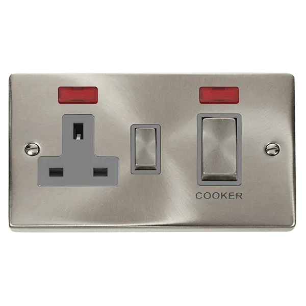 Click Scolmore Click Deco Satin Chrome 45A Double Pole Switch with 13A Double Pole Switched Socket Outlet with Neon with Grey insert - VPSC505GY