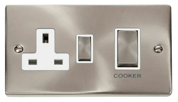 Click Scolmore Click Deco Satin Chrome 45A Double Pole Switch with 13A Double Pole Switched Socket Outlet with White insert - VPSC504WH
