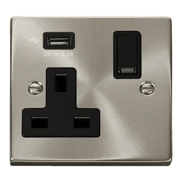 Click Scolmore Click Deco Satin Chrome USB Single Switched Socket with Black Insert – VPSC771UBK