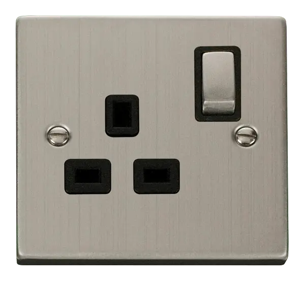 Click Deco Stainless Steel 1 Gang 13A DP 'Ingot' Switched Socket Outlet with Black Insert – VPSS535BK
