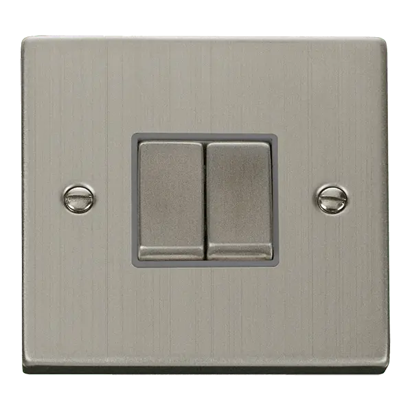Click Deco Stainless Steel 10AX Ingot 2 Gang 2 Way Plate Switch with Grey Insert – VPSS412GY