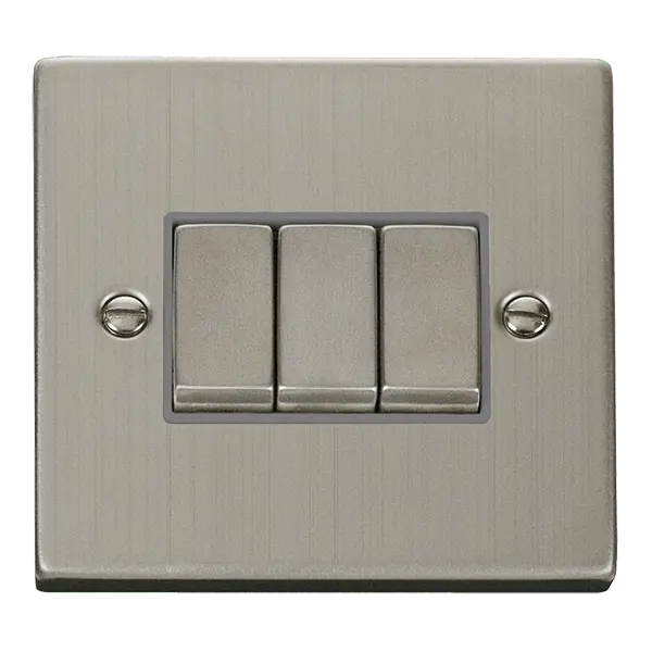 Click Deco Stainless Steel 10AX Ingot 3 Gang 2 Way Plate Switch with Grey Insert – VPSS413GY