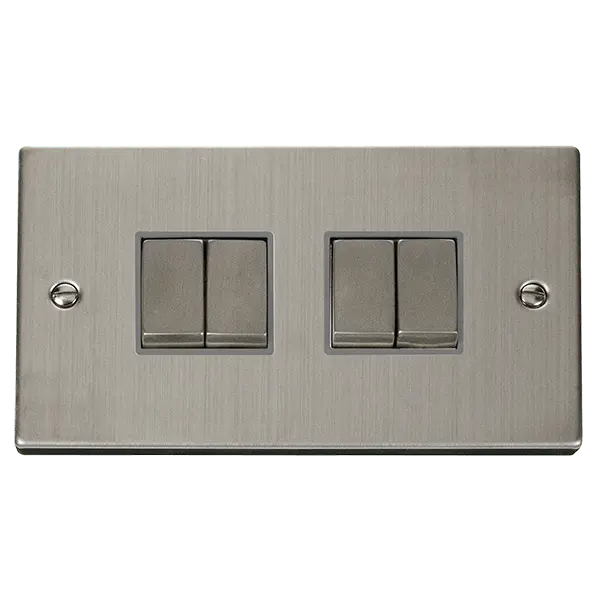 Click Deco Stainless Steel 10AX Ingot 4 Gang 2 Way Plate Switch with Grey Insert – VPSS414GY