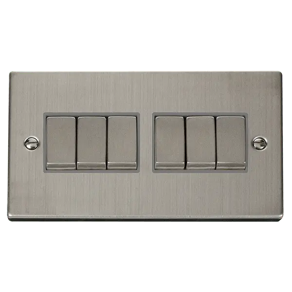 Click Deco Stainless Steel 10AX Ingot 6 Gang 2 Way Plate Switch with Grey Insert – VPSS416GY