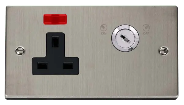 Click Deco Stainless Steel 13A 1 Gang DP Key Lockable Socket With Neon with Black Insert – VPSS675BK