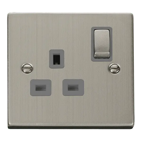Click Deco Stainless Steel 13A Ingot 1 Gang Double Pole Switched Socket Outlet with Grey Insert – VPSS535GY