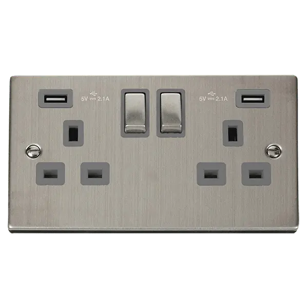 Click Deco Stainless Steel 13A Ingot 2 Gang Switched Socket Outlet With Twin USB (Total 4.2A) Outlets with Grey Insert – VPSS580GY