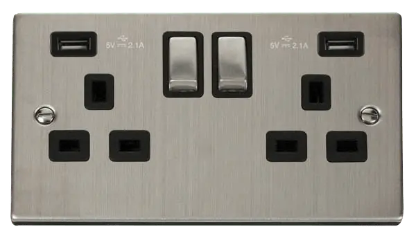 Click Deco Stainless Steel 13A Ingot 2 Gang Switched Sockets With Twin 2.1A USB Outlets (4.2A) (Twin Earth) with Black Insert – VPSS580BK