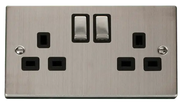 Click Deco Stainless Steel 2 Gang 13A DP 'Ingot' Switched Socket Outlet with Black Insert – VPSS536BK