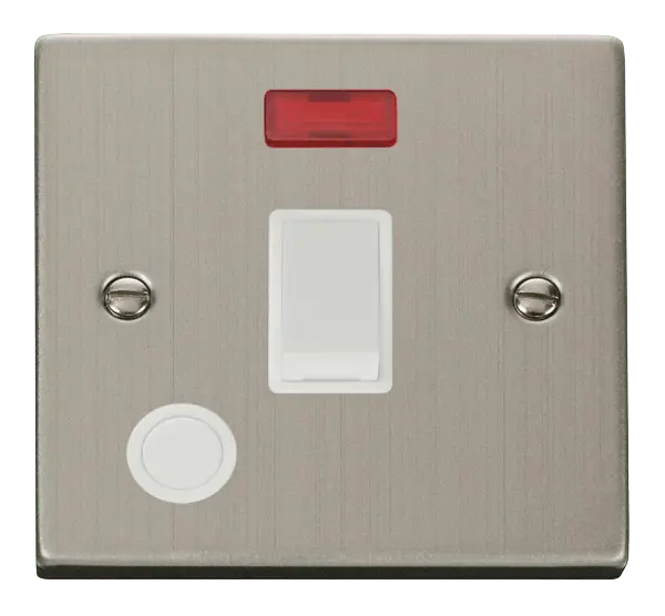 Click Deco Stainless Steel 20A 1 Gang DP Switch With Flex Outlet And Neon with White Insert – VPSS023WH