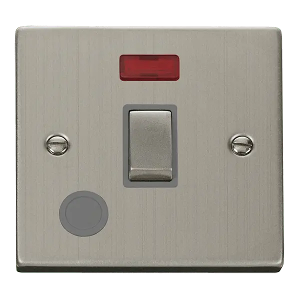 Click Deco Stainless Steel 20A Ingot Double Pole Plate Switch With Optional Flex Outlet With Neon with Grey Insert – VPSS523GY