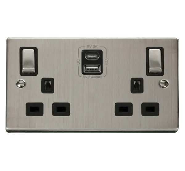 Click Deco Stainless Steel 2G 13A SW SKT 4.2A A&C USB INGOT VPSS BK with Black Insert – VPSS586BK