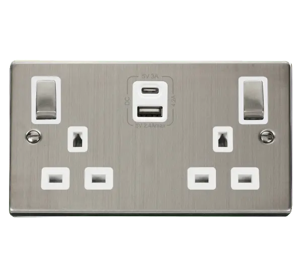 Click Deco Stainless Steel 2G 13A SW SKT 4.2A A&C USB INGOT VPSS WH with White Insert – VPSS586WH